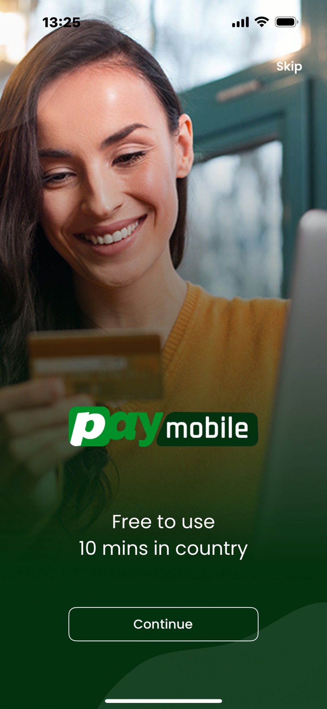 PayMobile welcome screen showing app branding and free country minutes